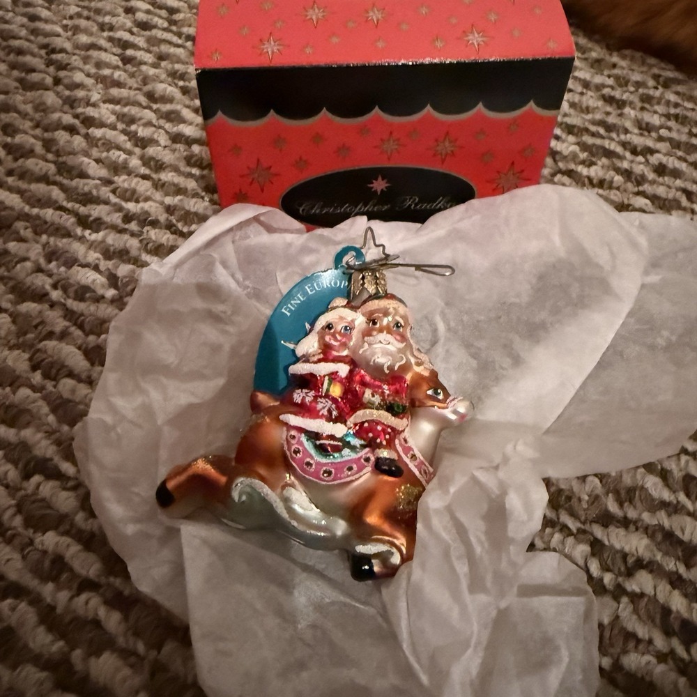 Christopher Radko Dash Away Darlings Santa Raindeer Glass Christmas Ornament